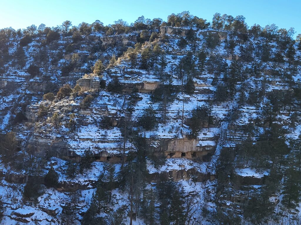 Cliff dwellings of the Sinagua (without water) ancestral people, hundreds of feet from the plateau surface.