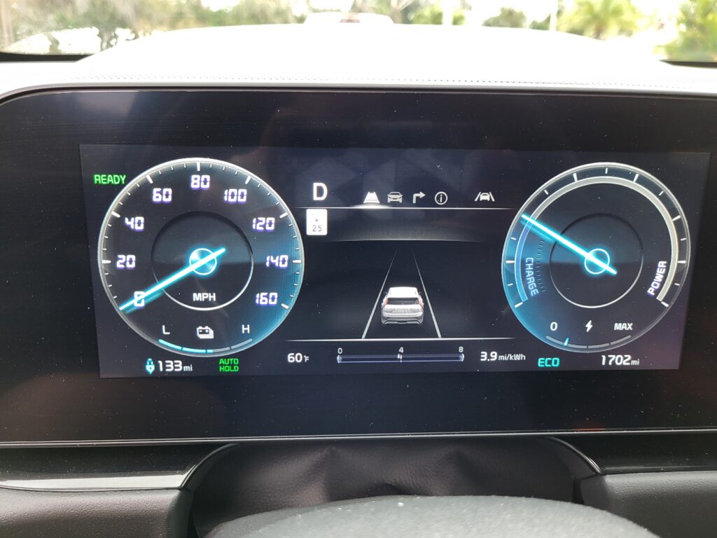 Gauges for electric car indicating the battery is at half power.