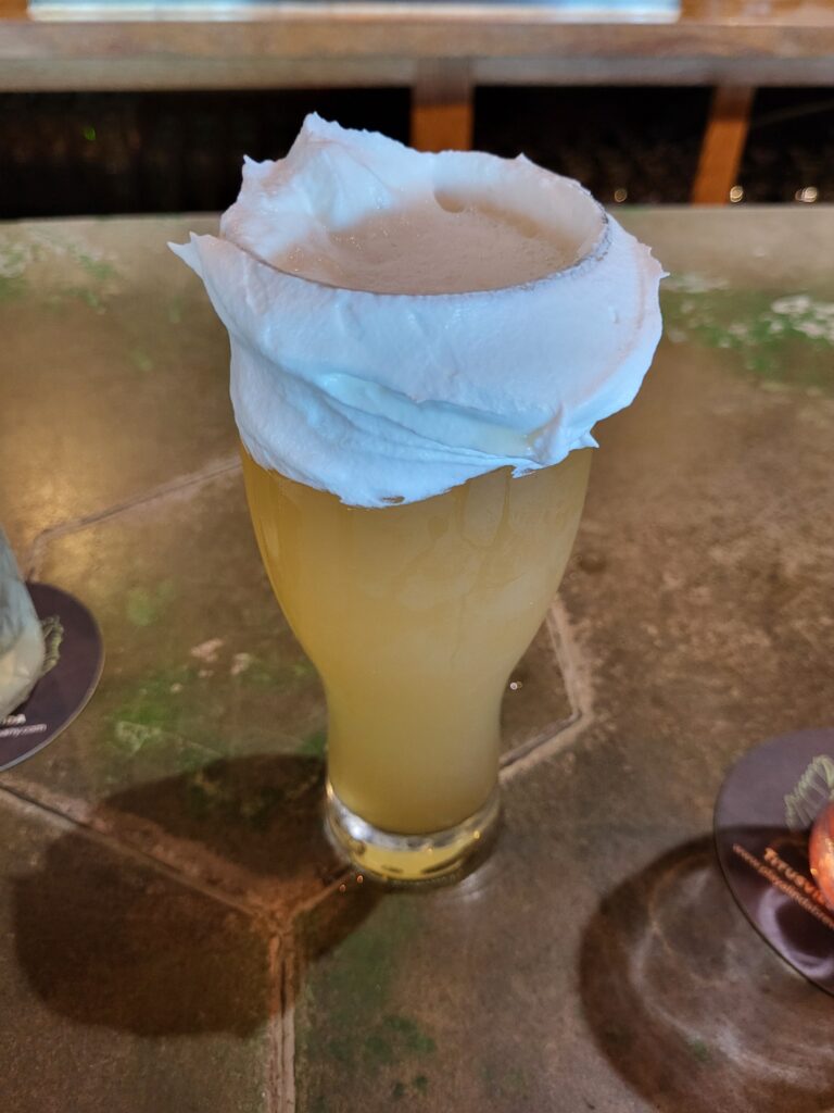 A key lime flavored beer in a glass rimmed by whipped cream.