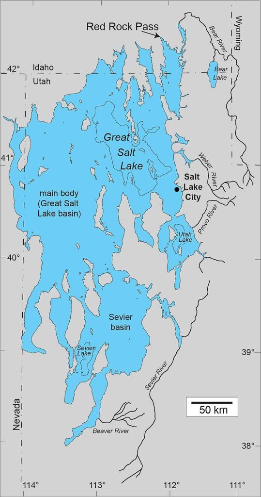 Map showing the area covered by Lake Bonneville, and the diminutive area now occupied by the current day Great Salt Lake. 